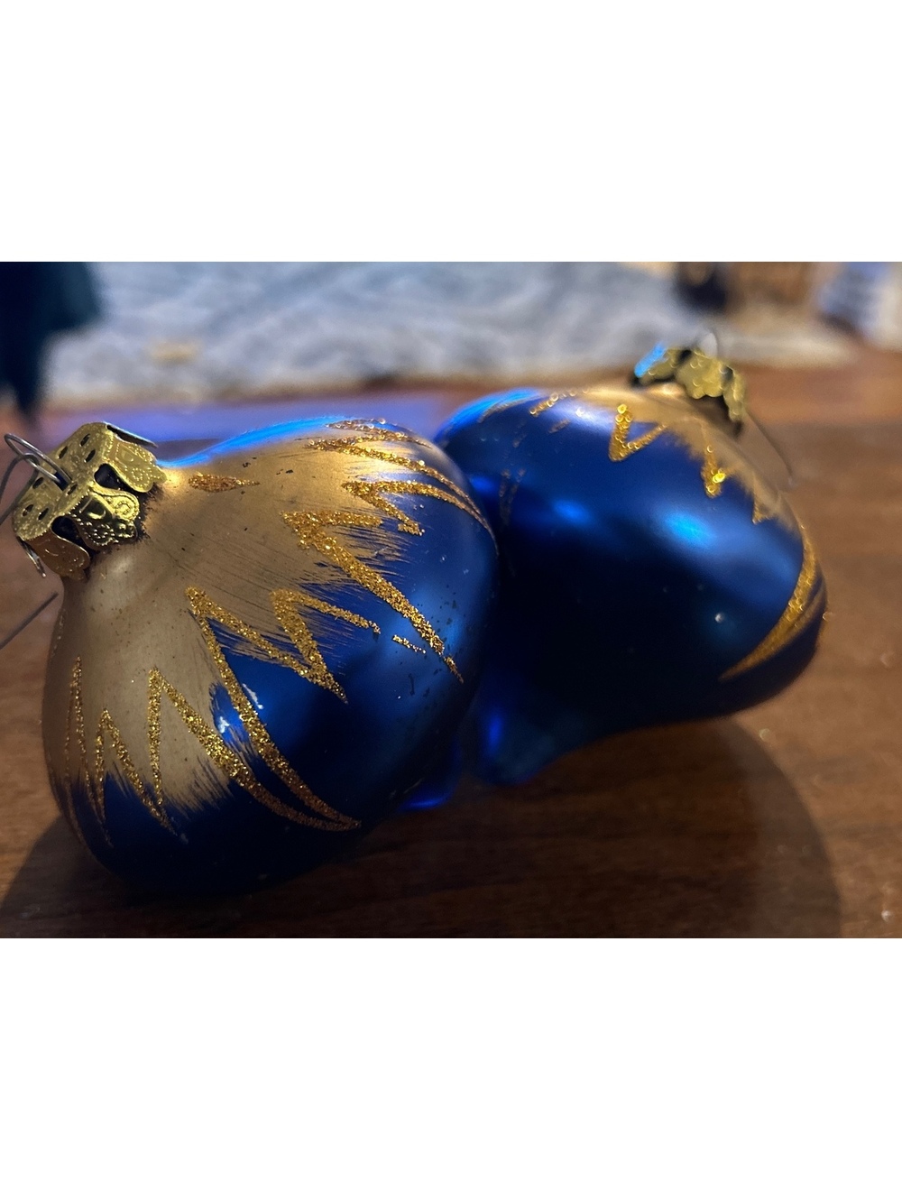 Vintage Blue and Gold Glass Christmas Baubles Ornaments - Set of 2